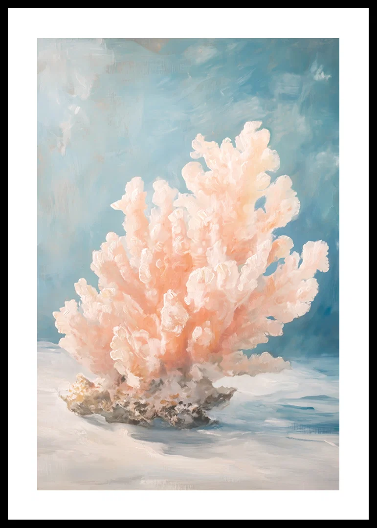 A poster depicting a soft pink coral against a calm ocean depth-12