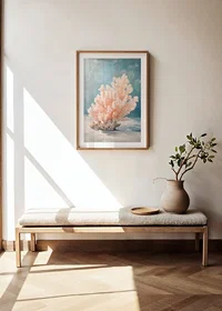 A poster depicting a soft pink coral against a calm ocean depth-8