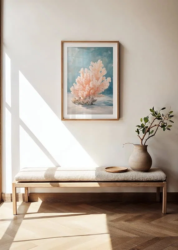 A poster depicting a soft pink coral against a calm ocean depth-12
