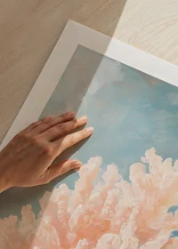 A poster depicting a soft pink coral against a calm ocean depth-9