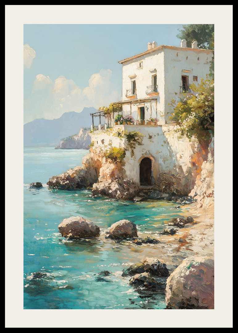 En poster som skildrar en charmig medelhavsvilla vid det kristallklara havet-12