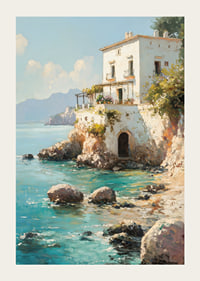 Ein Poster mit einer bezaubernden mediterranen Villa am kristallklaren Meer-3