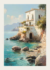 En poster som skildrar en charmig medelhavsvilla vid det kristallklara havet-3