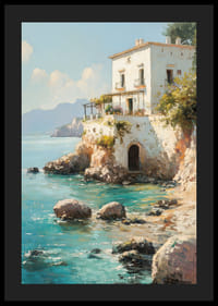 En poster som skildrar en charmig medelhavsvilla vid det kristallklara havet-4