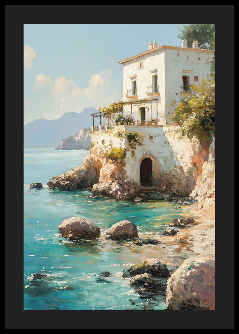 En poster som skildrar en charmig medelhavsvilla vid det kristallklara havet-12