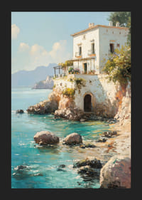 En poster som skildrar en charmig medelhavsvilla vid det kristallklara havet-5