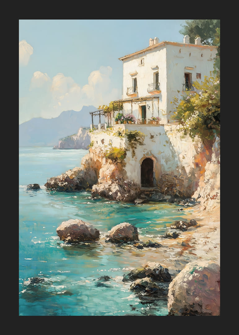 En poster som skildrar en charmig medelhavsvilla vid det kristallklara havet-12