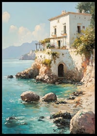 Ein Poster mit einer bezaubernden mediterranen Villa am kristallklaren Meer-6