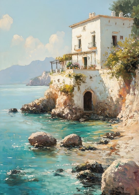 Ein Poster mit einer bezaubernden mediterranen Villa am kristallklaren Meer-12