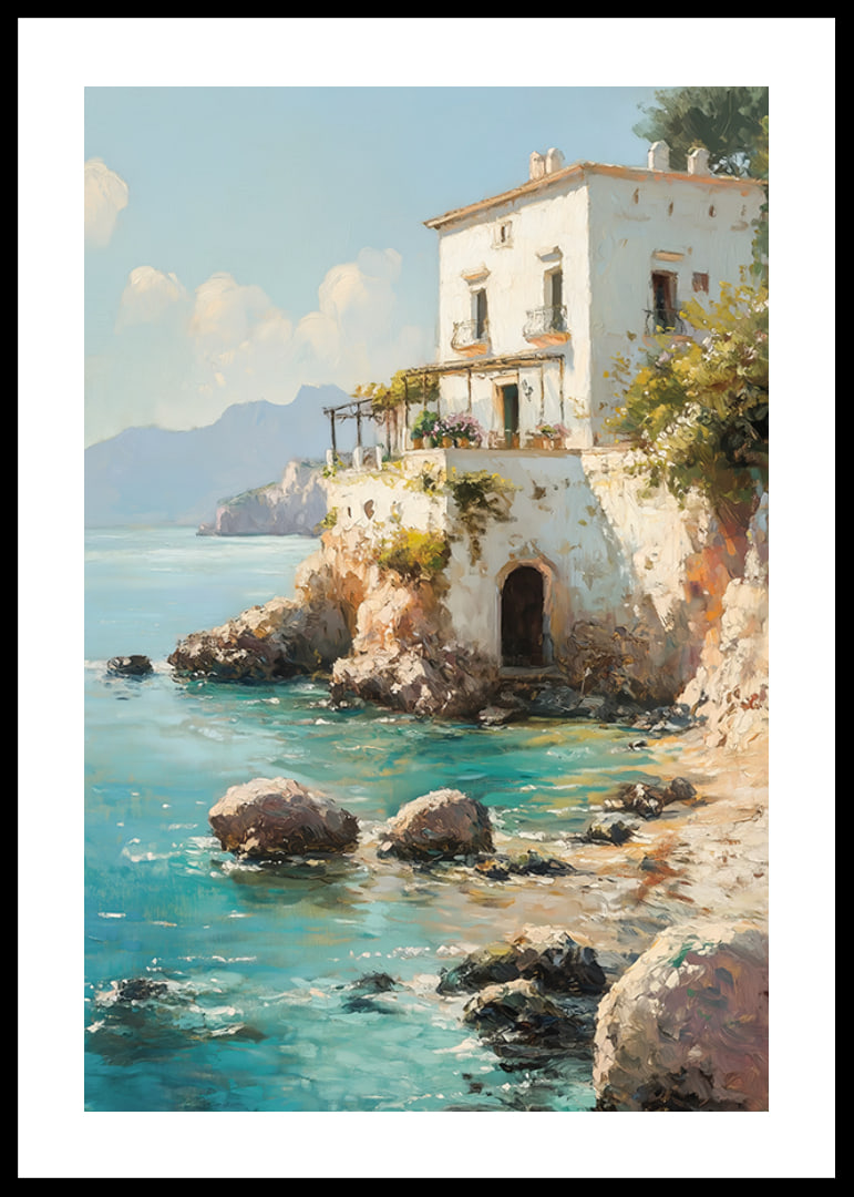 Ein Poster mit einer bezaubernden mediterranen Villa am kristallklaren Meer-12