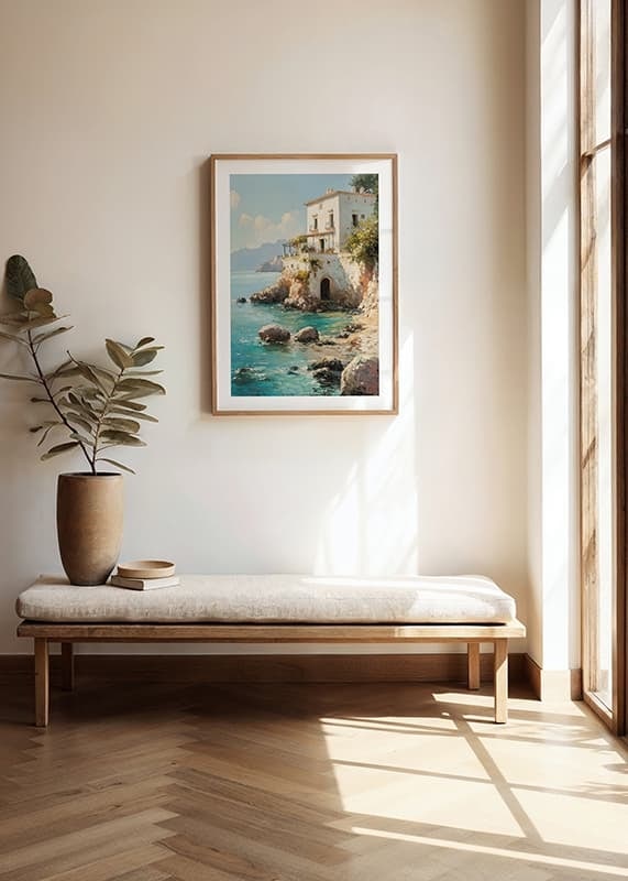 Ein Poster mit einer bezaubernden mediterranen Villa am kristallklaren Meer-12