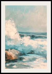 En poster i oljestil som föreställer kraftfulla havsvågor som slår mot klippor vid kusten-2