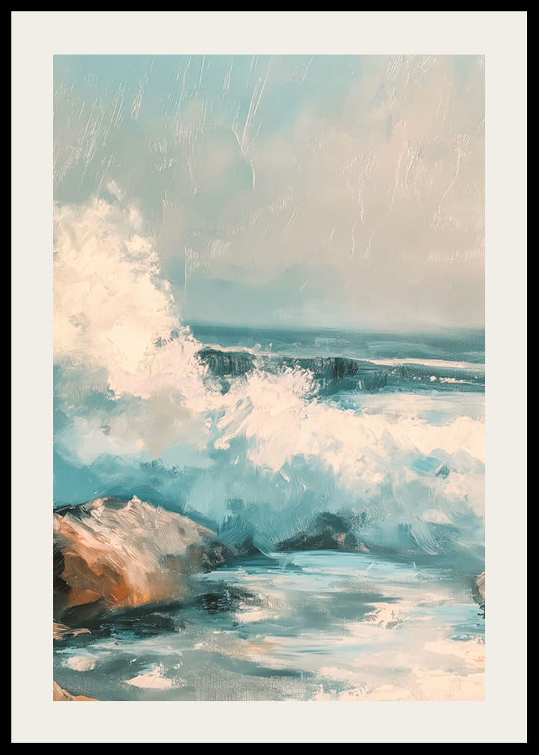 En poster i oljestil som föreställer kraftfulla havsvågor som slår mot klippor vid kusten-12
