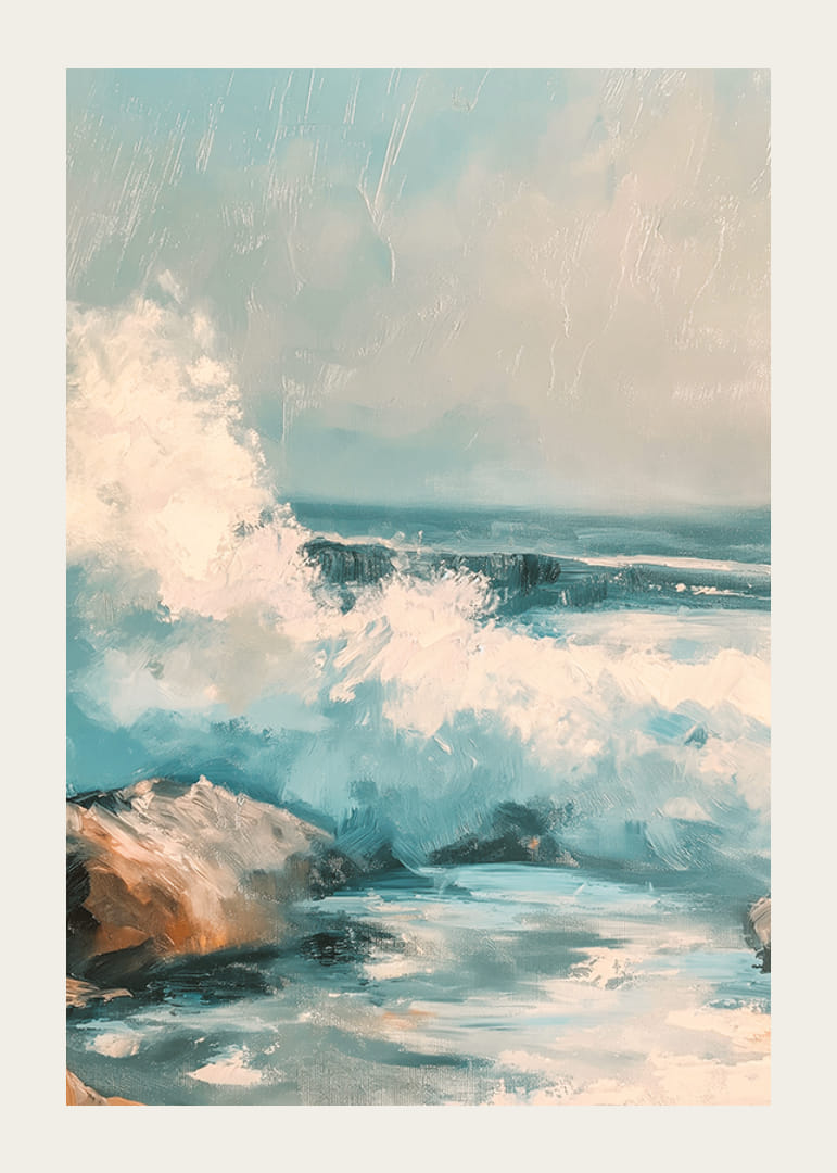 En poster i oljestil som föreställer kraftfulla havsvågor som slår mot klippor vid kusten-12