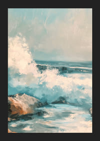 En poster i oljestil som föreställer kraftfulla havsvågor som slår mot klippor vid kusten-5