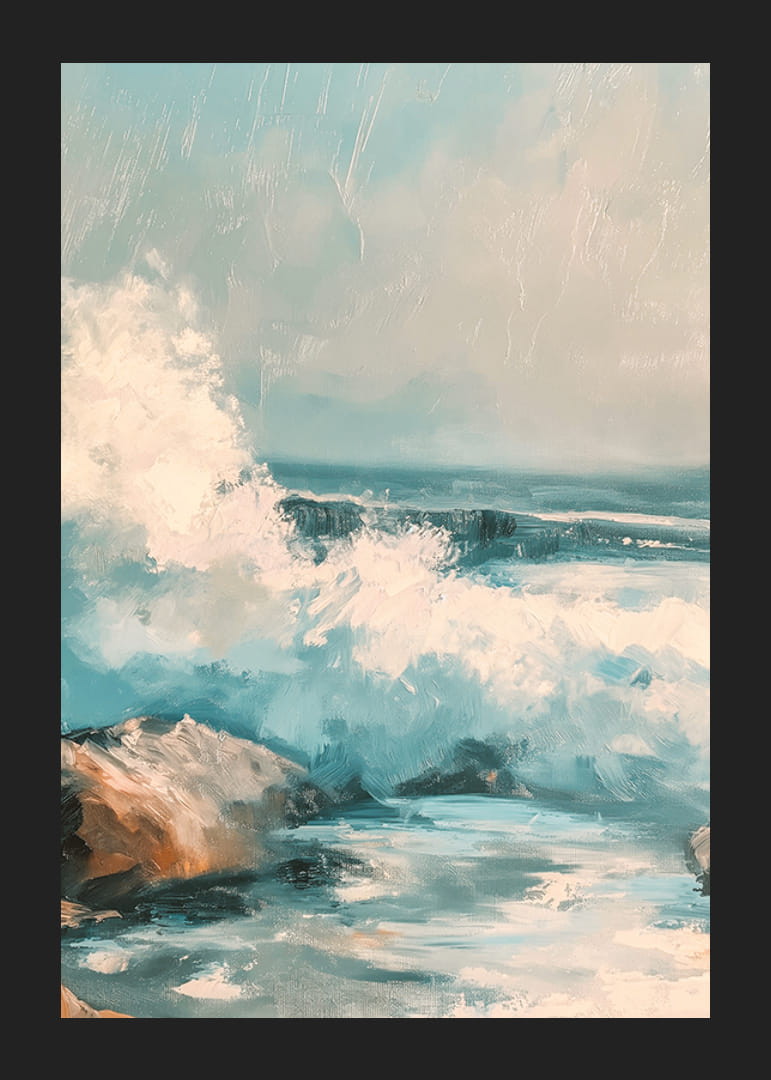 En poster i oljestil som föreställer kraftfulla havsvågor som slår mot klippor vid kusten-12