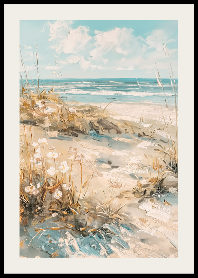 A poster of a sunny beach with sand dunes and a sparkling ocean in the background-12