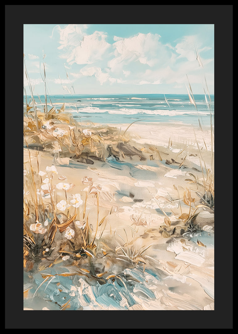 A poster of a sunny beach with sand dunes and a sparkling ocean in the background-12