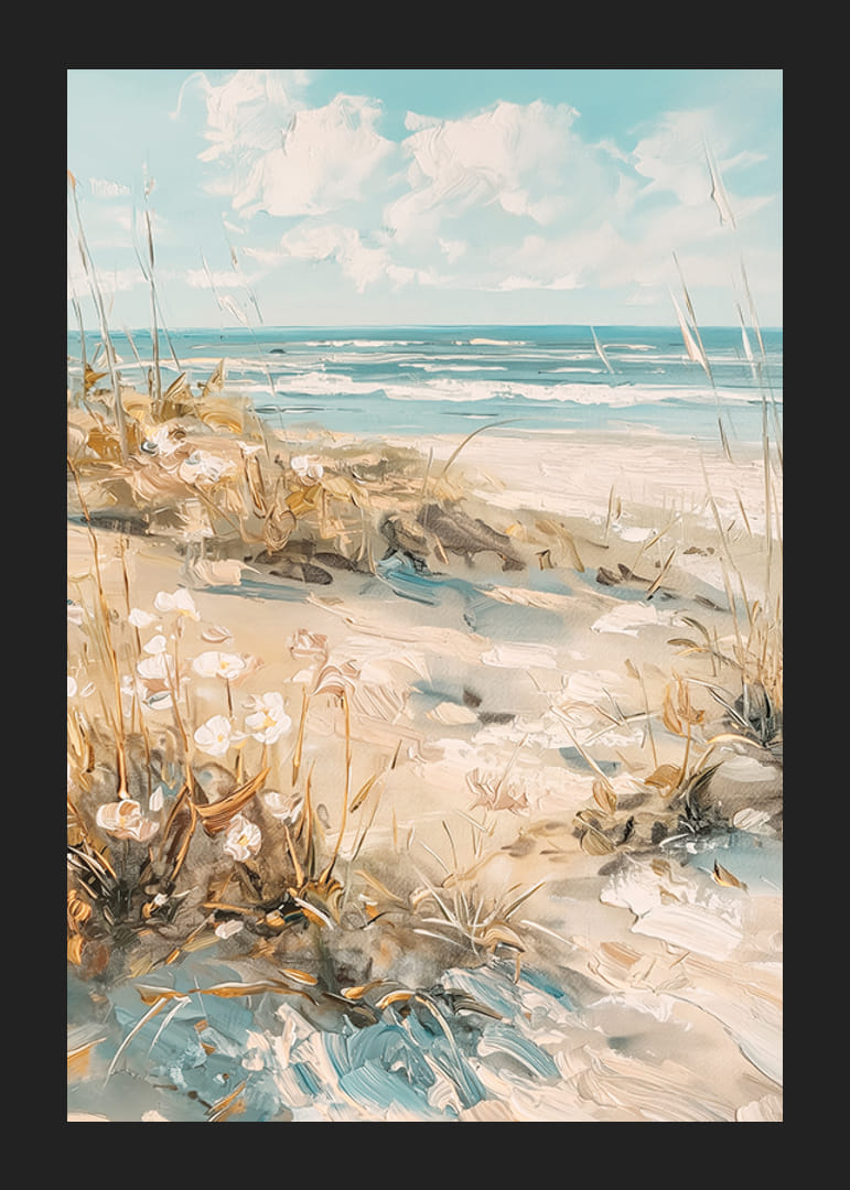 A poster of a sunny beach with sand dunes and a sparkling ocean in the background-12