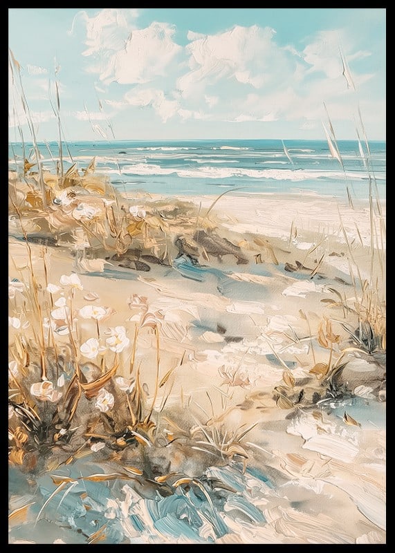 A poster of a sunny beach with sand dunes and a sparkling ocean in the background-12