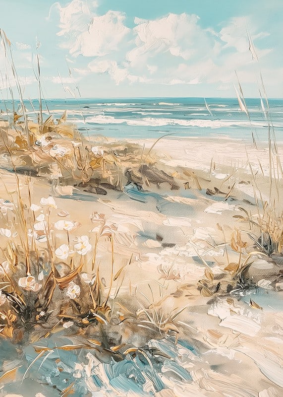 A poster of a sunny beach with sand dunes and a sparkling ocean in the background-12