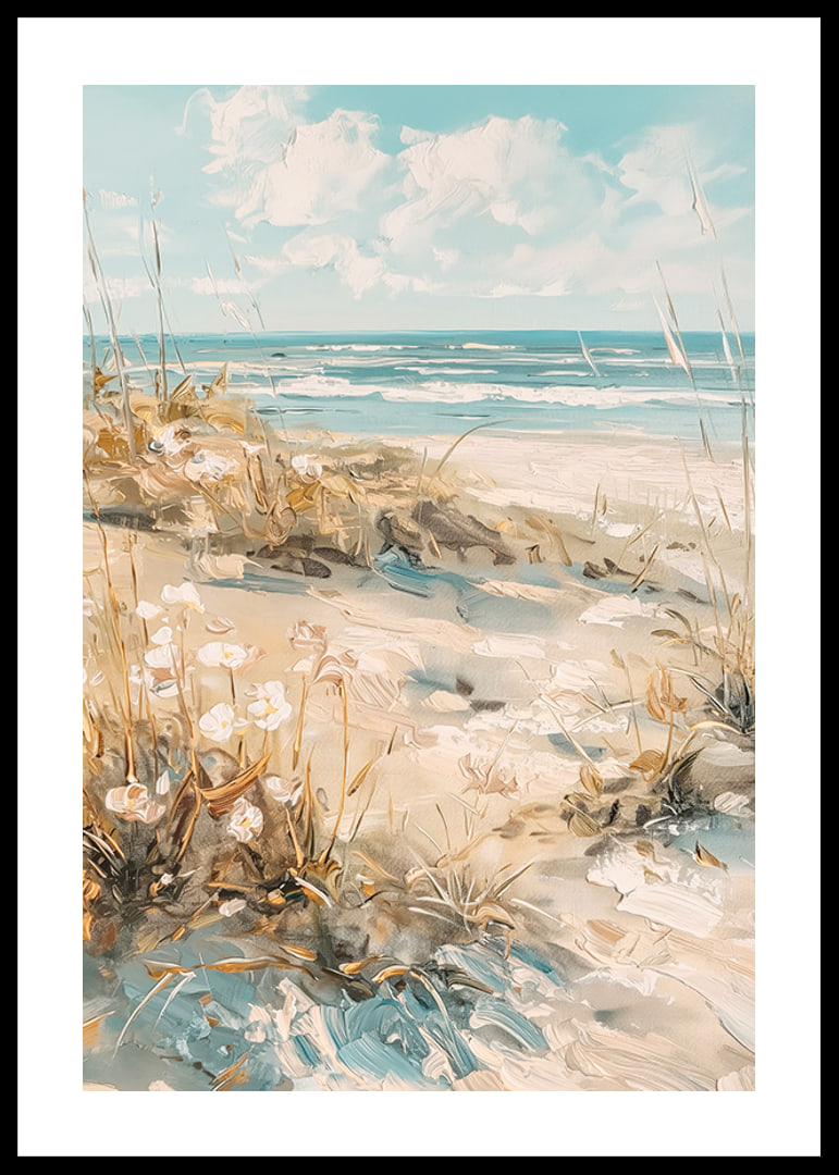 A poster of a sunny beach with sand dunes and a sparkling ocean in the background-12