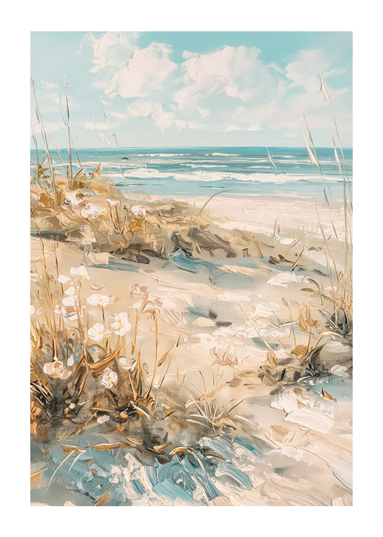 A poster of a sunny beach with sand dunes and a sparkling ocean in the background-12