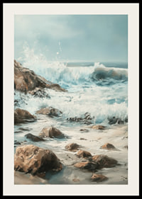 A poster of powerful ocean waves crashing against a rocky shore-2