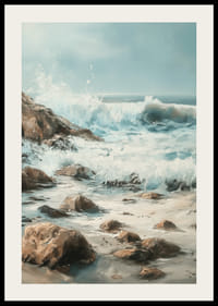 Un cartel de poderosas olas del océano chocando contra una costa rocosa.-2