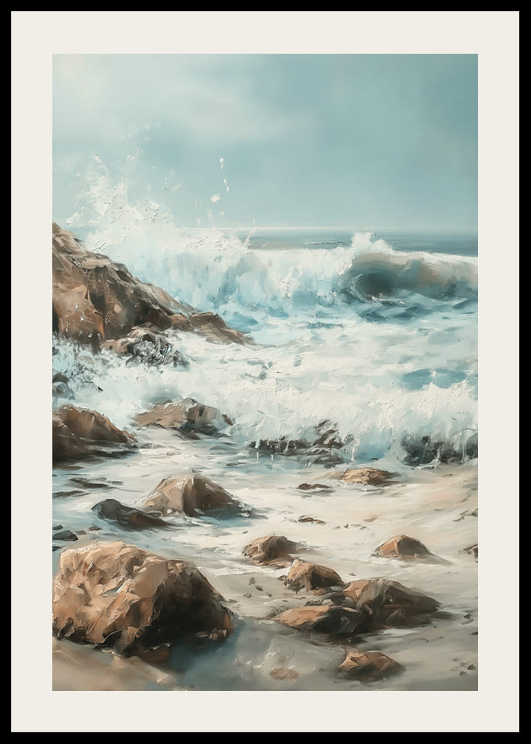 Un cartel de poderosas olas del océano chocando contra una costa rocosa.-12