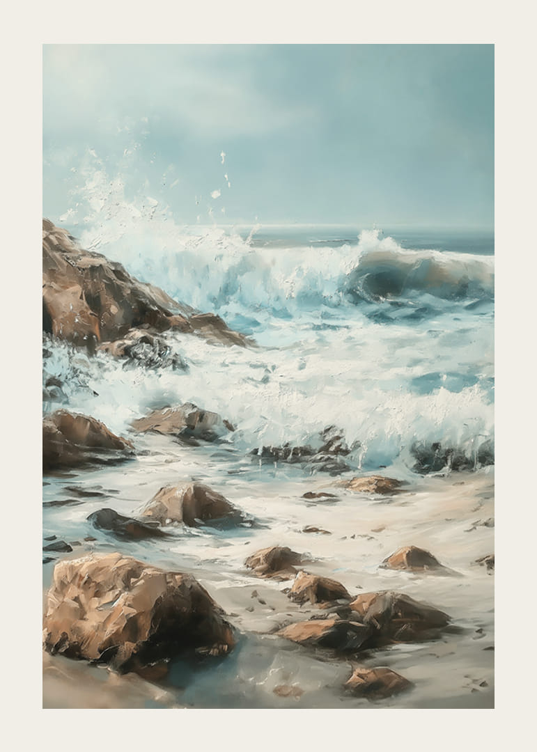 Un cartel de poderosas olas del océano chocando contra una costa rocosa.-12