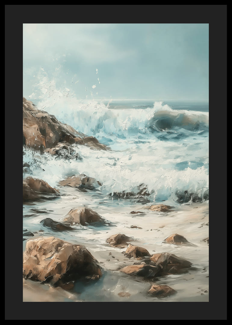 Un cartel de poderosas olas del océano chocando contra una costa rocosa.-12