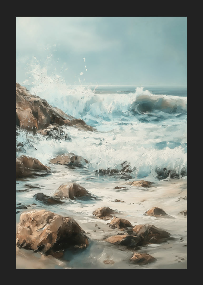 A poster of powerful ocean waves crashing against a rocky shore-12