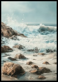 A poster of powerful ocean waves crashing against a rocky shore-6