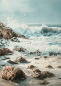 A poster of powerful ocean waves crashing against a rocky shore-7