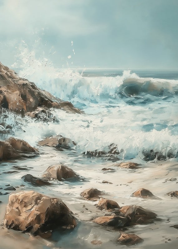 A poster of powerful ocean waves crashing against a rocky shore-12