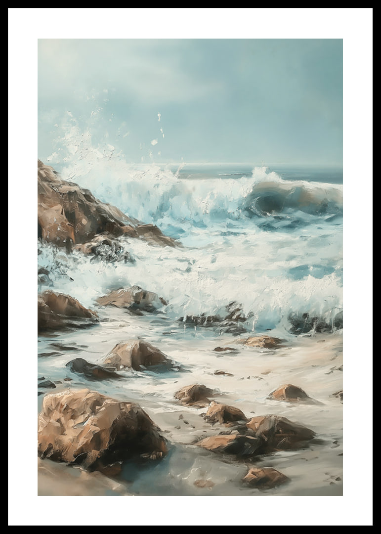 A poster of powerful ocean waves crashing against a rocky shore-12