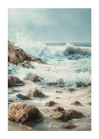 A poster of powerful ocean waves crashing against a rocky shore-1