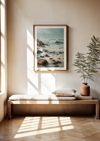 A poster of powerful ocean waves crashing against a rocky shore-8