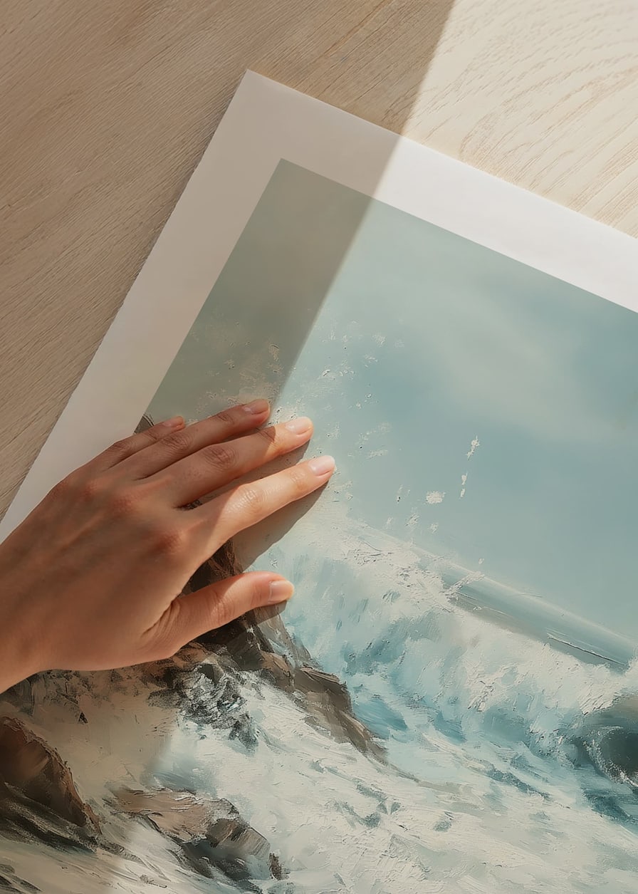 A poster of powerful ocean waves crashing against a rocky shore-12