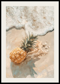 En poster av en gyllene ananas på en solvarm strand, omfamnad av mjuka havsvågor-2