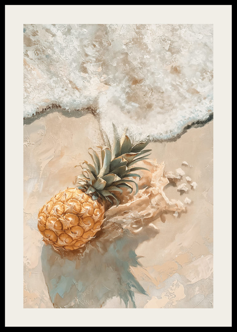 En poster av en gyllene ananas på en solvarm strand, omfamnad av mjuka havsvågor-12