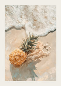 En poster av en gyllene ananas på en solvarm strand, omfamnad av mjuka havsvågor-3