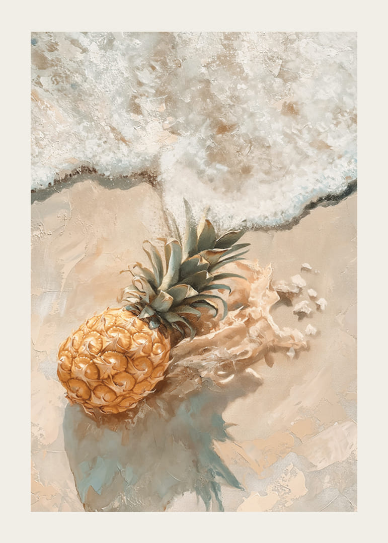 En poster av en gyllene ananas på en solvarm strand, omfamnad av mjuka havsvågor-12