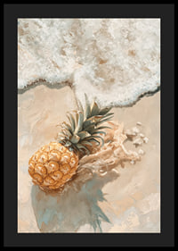 Een poster van een gouden ananas op een door de zon verwarmd strand, omarmd door zachte oceaan golven-4