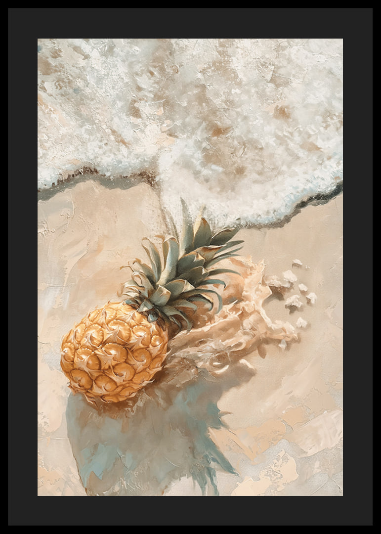 Een poster van een gouden ananas op een door de zon verwarmd strand, omarmd door zachte oceaan golven-12