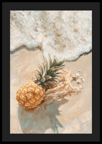En poster av en gyllene ananas på en solvarm strand, omfamnad av mjuka havsvågor-4