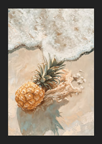 Een poster van een gouden ananas op een door de zon verwarmd strand, omarmd door zachte oceaan golven-5