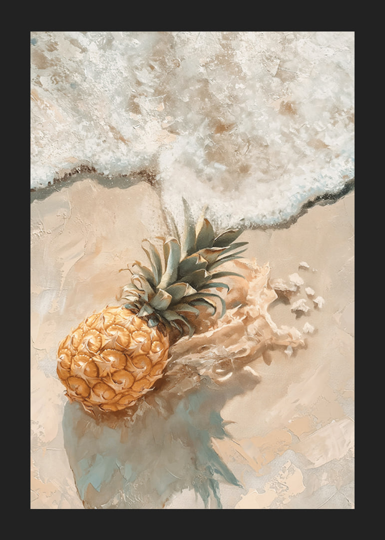 Een poster van een gouden ananas op een door de zon verwarmd strand, omarmd door zachte oceaan golven-12