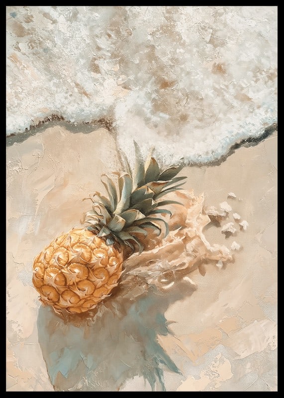 Een poster van een gouden ananas op een door de zon verwarmd strand, omarmd door zachte oceaan golven-12